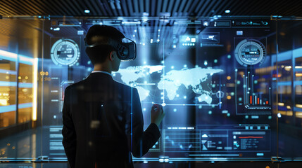 a businessman using virtual business management system through augmented reality technology 