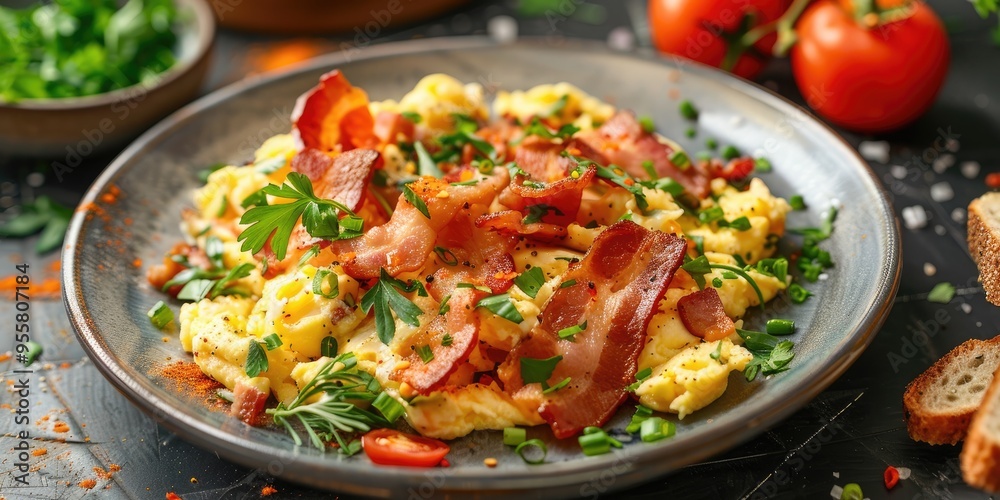 Sticker Fluffy Scrambled Eggs with Crispy Bacon and Fresh Herbs