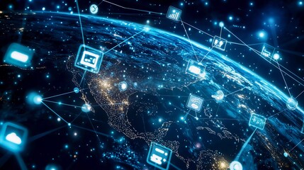 Tech devices and icons connected to digital planet earth are good
