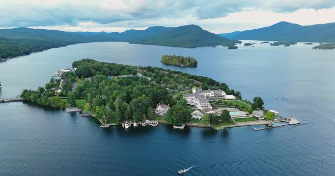 August 20 2024, Sunny afternoon summer aerial video of the area surrounding Bolton Landing, NY, USA and Lake George. 