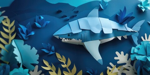 Obraz premium Step by step guide How to create a paper shark using DIY methods and fostering kids creativity Cutting out the shark details from paper is step 3 of the Children s Craft Workshop
