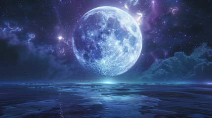 A 3D white moon with a glowing texture surface on beautiful relaxing wave wide ocean gradient night cinematic design purple blue dreamy refresh background