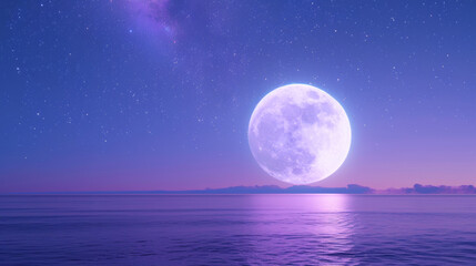 A 3D white moon with a glowing texture surface on beautiful relaxing wave wide ocean gradient starry sky night cinematic design galaxy purple dreamy refresh background