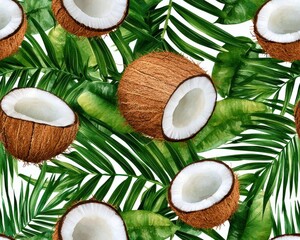 A vibrant pattern of coconuts surrounded by lush tropical leaves, perfect for summer-themed designs and backgrounds.