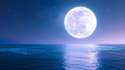 A 3D white moon with a glowing texture surface on beautiful relaxing wave wide ocean gradient night cinematic design crystal blue dreamy refresh background