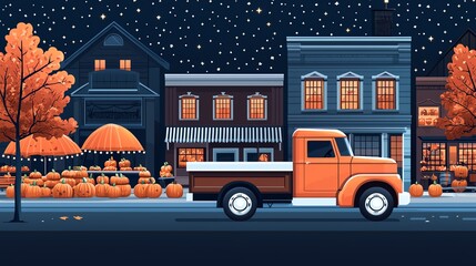 Ghostly truck, Halloween market under twinkling stars, flat design illustration