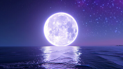 A 3D white moon with a glowing texture surface on beautiful relaxing wave wide ocean gradient night cinematic design galaxy purple dreamy refresh background