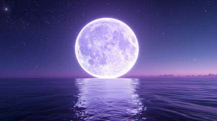 A 3D white moon with a glowing texture surface on beautiful relaxing wave wide ocean gradient starry sky night cinematic design dark purple dreamy refresh background