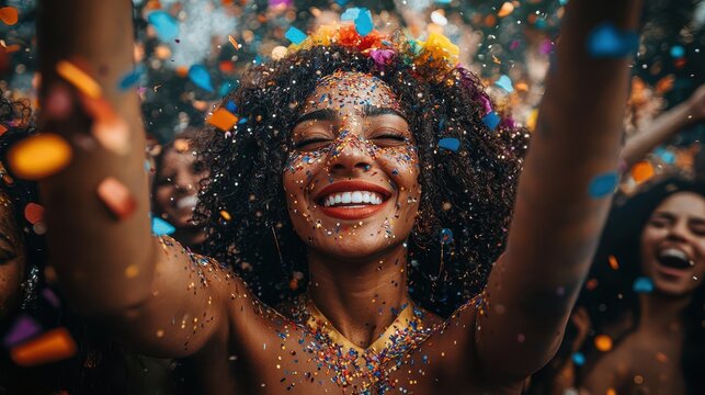 joyful group of friends tossing colorful confetti in the air captured midmotion with genuine expressions of happiness and excitement