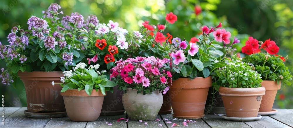 Poster Bunch Of Different Potted Flowers In Green Garden