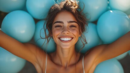 Fototapeta premium joyful woman surrounded by a sea of floating azure balloons her radiant smile and outstretched arms convey pure happiness against a soft dreamy background