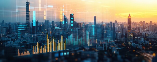 Virtual property market dynamics, augmented reality graphs, modern city backdrop, tech-enhanced analytics