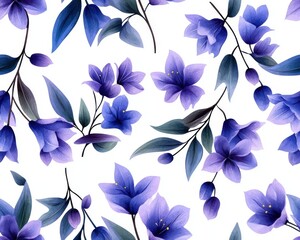 Fototapeta premium Beautiful floral pattern featuring vibrant purple flowers and green leaves on a clean white background.
