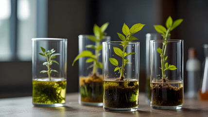Fototapeta premium Plants inside test tubes, environmental protection concept