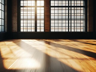 Bright wooden floor with large windows casting shadows, creating an inviting atmosphere in an open space.