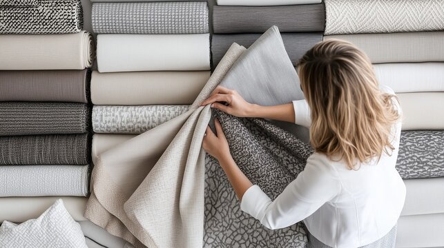 A woman selects textiles from a diverse collection of fabric swatches in a well-lit interior design studio during the afternoon - Powered by Adobe