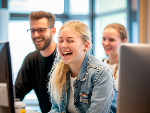 Happy young professionals collaborating in modern office environment. IA generative