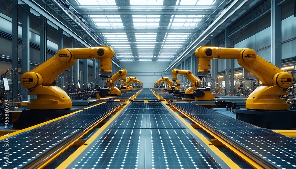 Poster Clean Energy Factory with Automated Solar Panel Assembly and Robotic Precision