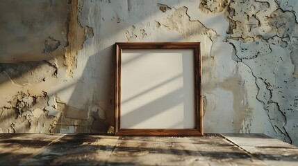 Photorealistic wooden frame on a textured wall, offering a modern and minimalist setting for art or photo mockups.
