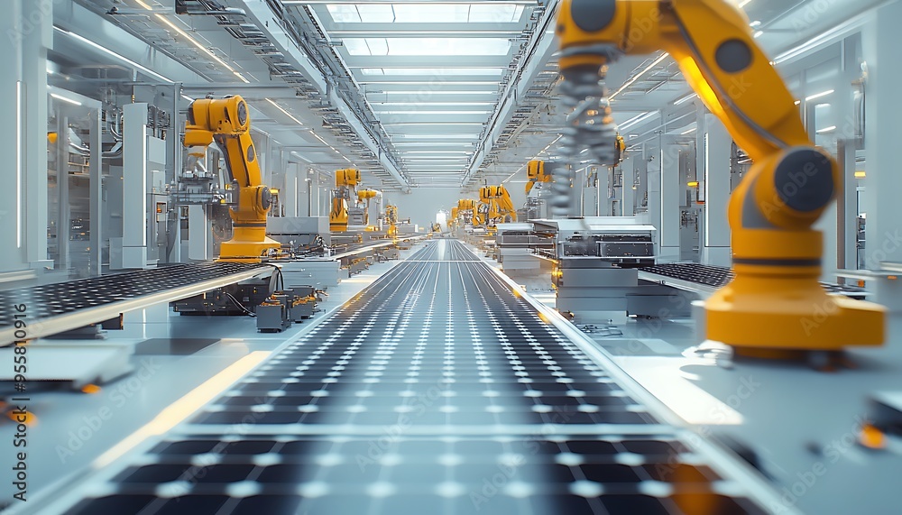 Poster Clean Energy Factory with Automated Solar Panel Assembly and Robotic Precision