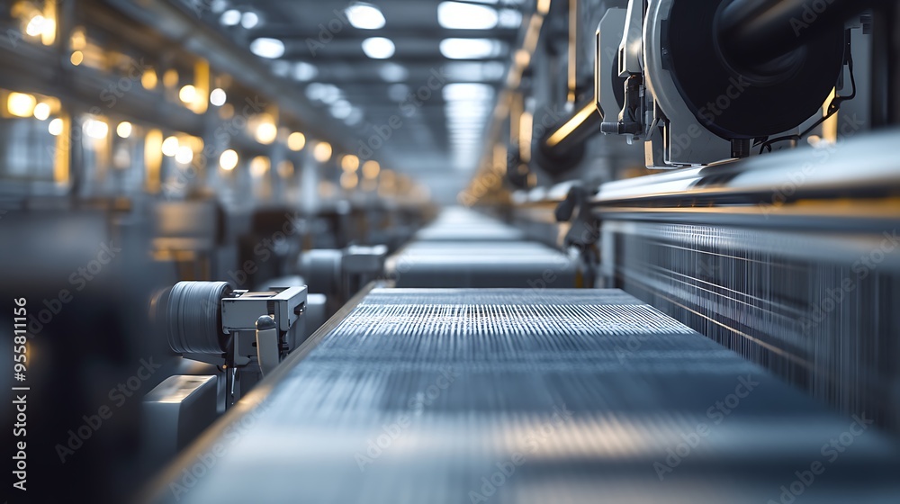 Poster High-Tech Textile Factory with AI-Driven Machines Weaving Intricate Patterns