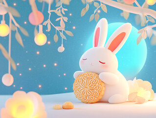 Obraz premium Mid-Autumn Festival 3D cute Jade rabbit holding mooncake creative illustration 
