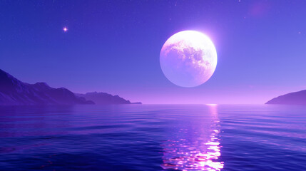 A 3D white moon on beautiful relaxing wave wide ocean and curved mountains gradient starry sky night cinematic design purple blue dreamy background