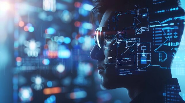 Big data analytics with AI technology. Data analyst analyzing and visualizing complex information network with artificial intelligence. Machine learning algorithm for business analytics and finance. 