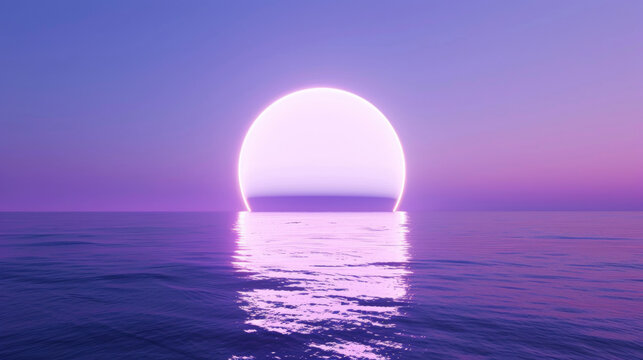 A 3D white moon with a glowing glass surface on beautiful relaxing wave wide ocean gradient night cinematic design purple blue dreamy background