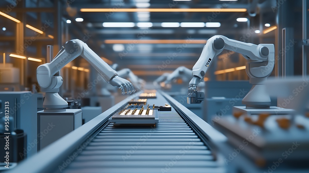 Poster modern factory with robotic arms assembling electronic components on a conveyor belt