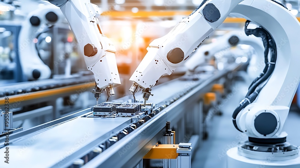 Poster modern factory with robotic arms assembling electronic components on a conveyor belt