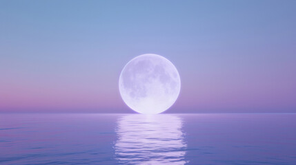 A 3D white moon with a glowing texture surface on beautiful relaxing wave wide ocean gradient night cinematic design blue dreamy background