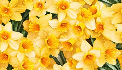 Vibrant yellow daffodils blooming in a lush garden, symbolizing renewal and joy, perfect for spring-themed projects.