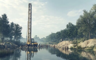 Obraz premium Pile Driver Working Near Riverbank with Reflections in Calm Water