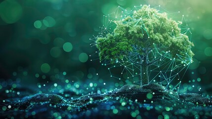 A tree with glowing lines of network connection on a dark green background.