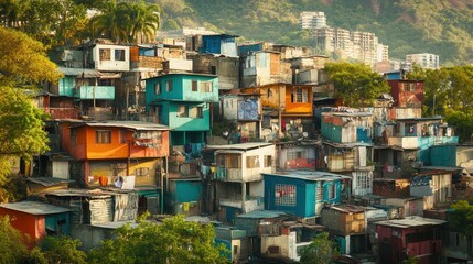 Fototapeta premium A vibrant neighborhood showcases adjacent luxurious villas and crumbling shanties, highlighting extreme social inequality and contrasting lifestyles. Generative AI
