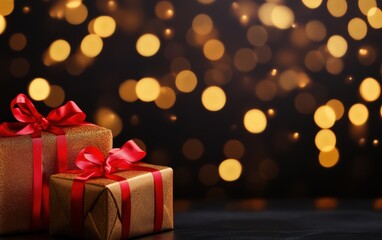 A beautifully wrapped gift box with a red ribbon, surrounded by soft bokeh lights, perfect for festive celebrations.