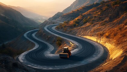 Roller Compacting Asphalt on Mountain Road with Scenic Valley View