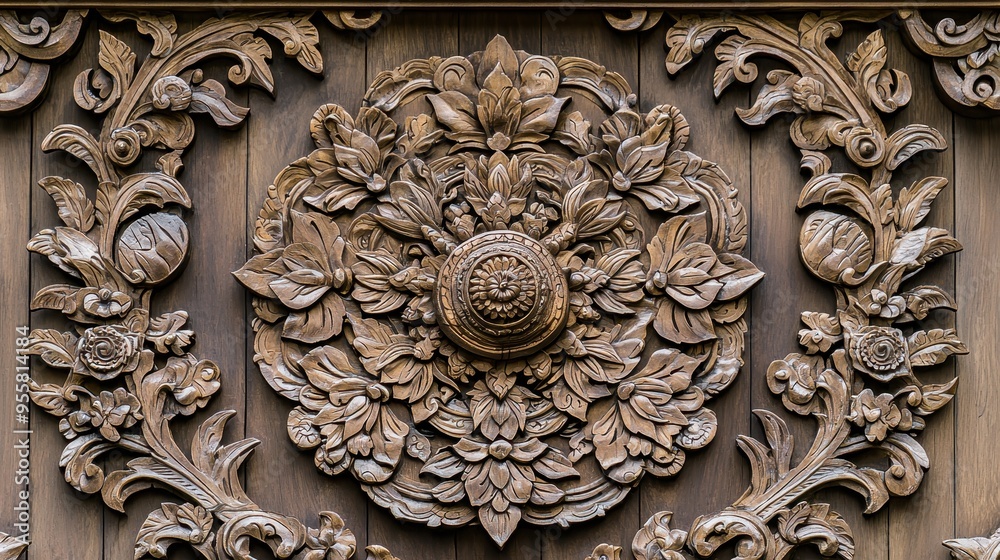 Wall mural intricate wooden carving with floral design