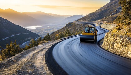 Roller Compacting Asphalt on Mountain Road with Scenic Valley View