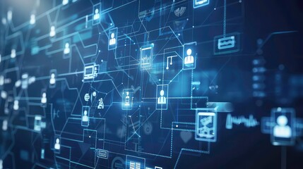 Abstract futuristic technology background with digital icons and lines connecting them.