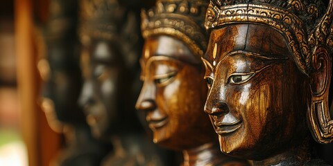 Obraz premium Closeup of Traditional Wooden Statues with Gold Accents