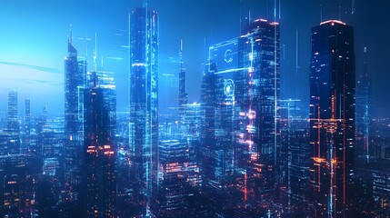 Fototapeta premium Futuristic Cityscape with Glowing Towers and Digital Interfaces
