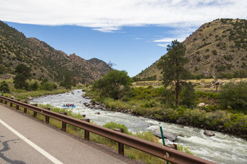 Rafters on the Arkansas River flowing through Royal Gorge Canyon, Colorado