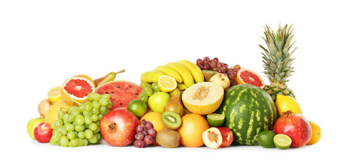 Many fresh ripe fruits isolated on white