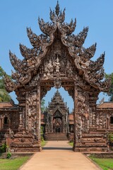 Naklejka premium Intricate Wooden Gateway to Ancient Temple in Southeast Asia