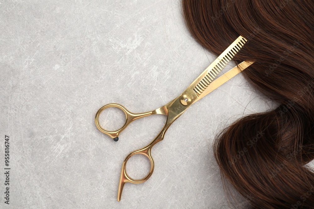 Wall mural Brown hair strand and professional scissors on grey table, top view