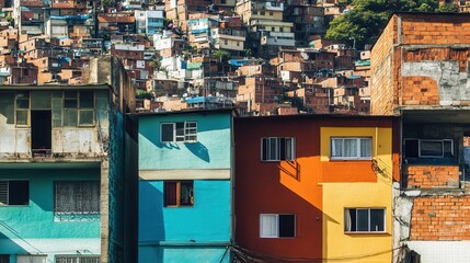 Luxurious villas sit beside dilapidated shanties, revealing stark contrasts of wealth and poverty in an urban setting. Generative AI