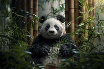 Obraz premium Adorable Panda Among Bamboo in Natural Habitat