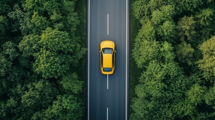 Aerial view of a bright yellow car driving along a winding road surrounded by dense green trees in a vibrant forest during the daytime